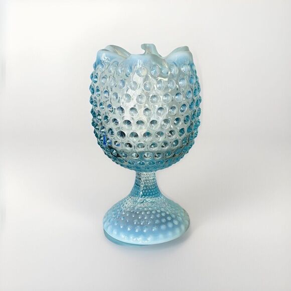 EUC Duncan Miller Blue Opalescent Glass Footed Hobnail Vase Ruffle Crimped - Picture 1 of 16
